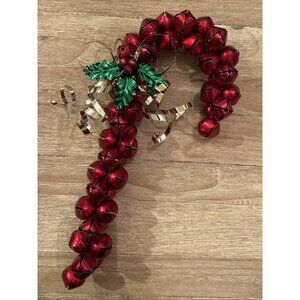 Red Jingle Bell Christmas Candy Cane Wreath Metal Brass Bow Holly Leaves